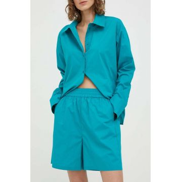 Herskind pantaloni scurti din bumbac culoarea turcoaz, neted, high waist