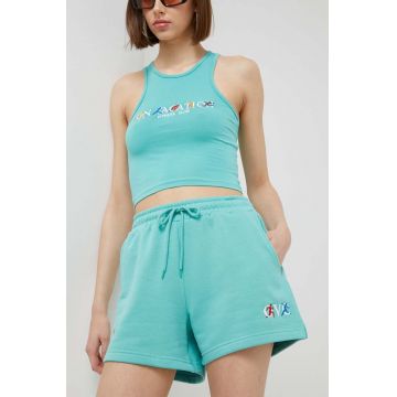 On Vacation pantaloni scurti femei, culoarea turcoaz, cu imprimeu, high waist On Vacation pantaloni scurti femei, culoarea turcoaz, cu imprimeu, high waist