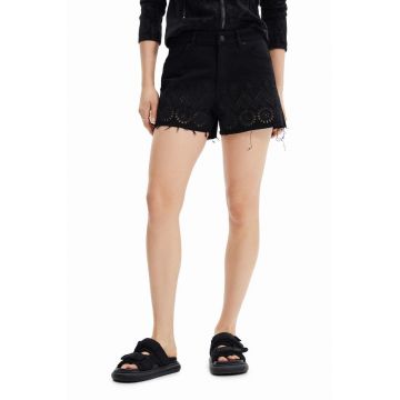 Desigual pantaloni scurti jeans femei, culoarea negru, neted, medium waist