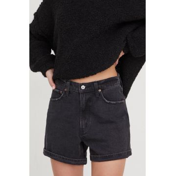 Abercrombie & Fitch pantaloni scurti jeans femei, culoarea negru, neted, high waist