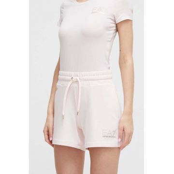 EA7 Emporio Armani pantaloni scurti femei, culoarea roz, cu imprimeu, high waist