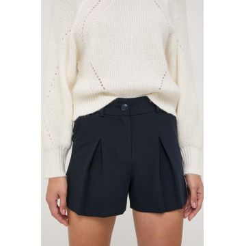 Morgan pantaloni scurti femei, culoarea albastru marin, neted, high waist