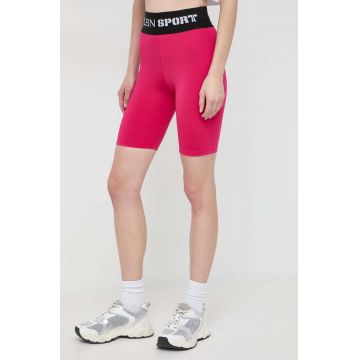 PLEIN SPORT pantaloni scurti femei, culoarea roz, cu imprimeu, high waist PLEIN SPORT pantaloni scurti femei, culoarea roz, cu imprimeu, high waist
