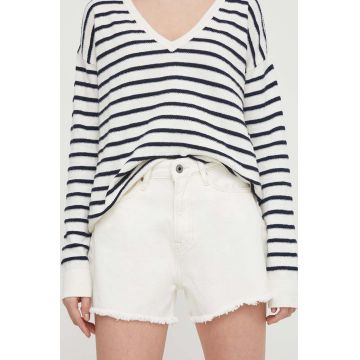 Pepe Jeans pantaloni scurti jeans femei, culoarea bej, neted, high waist