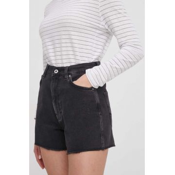 Pepe Jeans pantaloni scurti jeans femei, culoarea negru, neted, high waist