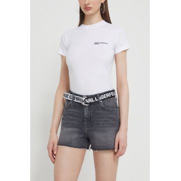 Karl Lagerfeld Jeans pantaloni scurti jeans femei, culoarea gri, neted, high waist