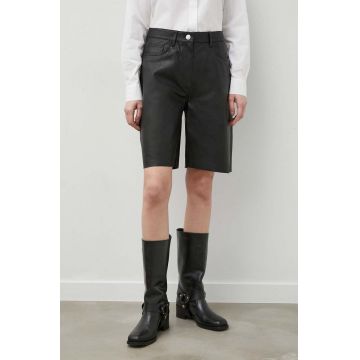 Samsoe Samsoe pantaloni scurti de piele femei, culoarea negru, neted, high waist