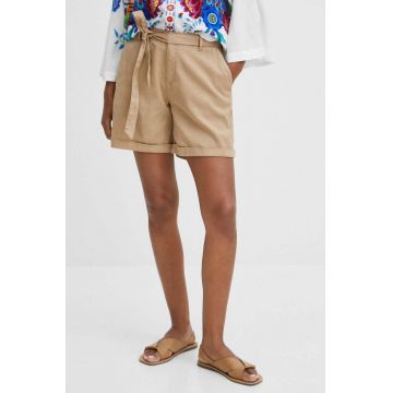 Medicine pantaloni scurti femei, culoarea bej, neted, high waist