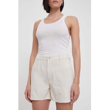 Pepe Jeans pantaloni scurți din amestec de in culoarea bej, neted, high waist