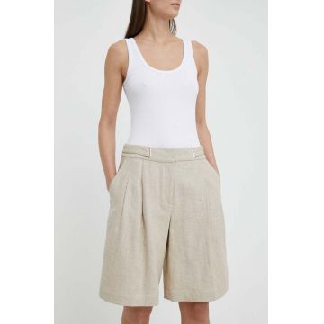 Remain pantaloni scurti din in culoarea bej, neted, high waist