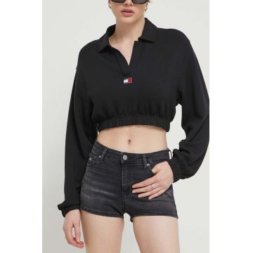 Tommy Jeans pantaloni scurți femei, culoarea negru, uni, high waist, DW0DW17649