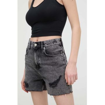 Tommy Jeans pantaloni scurți femei, culoarea gri, uni, high waist, DW0DW17652