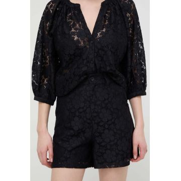 Desigual pantaloni scurti LACE femei, culoarea negru, neted, high waist, 24SWPW21