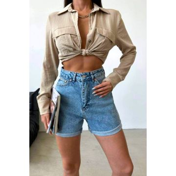 Pantaloni scurti de blugi Mika, cu manseta, croiala mom slimfit si buzunare practice, Albastru prespalat
