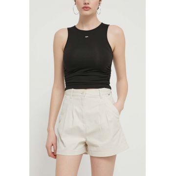 Tommy Jeans pantaloni scurți femei, culoarea bej, uni, high waist, DW0DW17775
