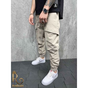 Pantaloni barbati casuala cu buzunare laterale slim-fit, conici , crem   -  PNT260