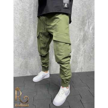 Pantaloni barbati casuala cu buzunare laterale slim-fit, conici , verde  -  PNT251