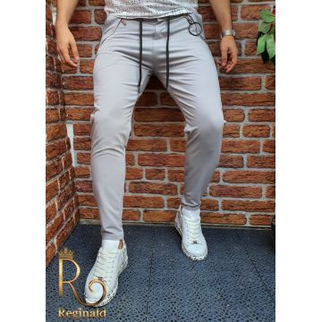 Pantaloni de barbati slim fit casual gri cu snur, lant inclus   - PNT166