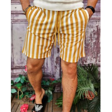 Pantaloni scurți de bărbați, Slim Fit, albi cu dungi galbene - PSC59