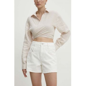Answear Lab pantaloni scurti jeans femei, culoarea alb, neted, high waist