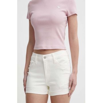 Hollister Co. pantaloni scurti jeans femei, culoarea bej, neted, high waist