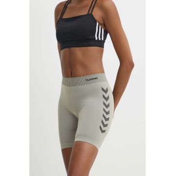 Hummel pantaloni scurți de antrenament First Seamless culoarea bej, cu imprimeu, high waist, 212556