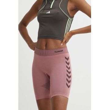 Hummel pantaloni scurți de antrenament First Seamless culoarea roz, cu imprimeu, high waist, 212556
