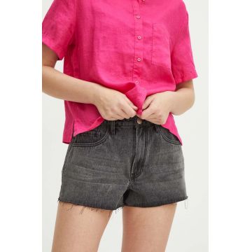 Medicine pantaloni scurti din bumbac femei, culoarea gri, neted, medium waist