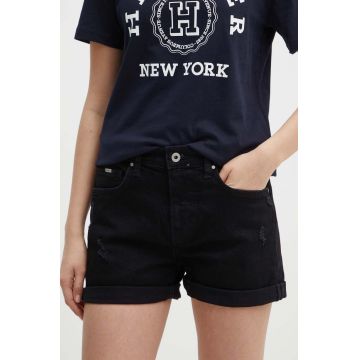Pepe Jeans pantaloni scurti jeans STRAIGHT SHORT HW femei, culoarea negru, neted, high waist, PL801108XG8