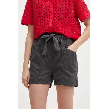 Pepe Jeans pantaloni scurti VALLE femei, culoarea gri, neted, high waist, PL801097