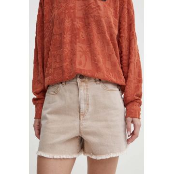 Volcom pantaloni scurti femei, culoarea bej, neted, high waist