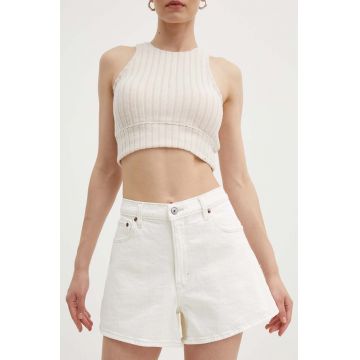 Abercrombie & Fitch pantaloni scurti jeans femei, culoarea bej, neted, high waist