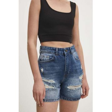 Answear Lab pantaloni scurti jeans femei, culoarea albastru marin, neted, high waist