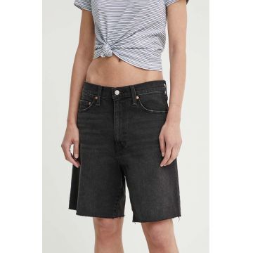 Levi's pantaloni scurti jeans BERMUDA SHORT femei, culoarea negru, neted, high waist, A8720