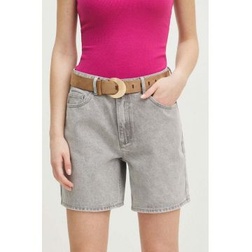 Medicine pantaloni scurti jeans femei, culoarea gri, neted, medium waist