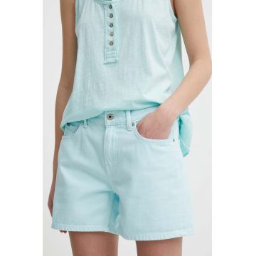 Pepe Jeans pantaloni scurti jeans femei, culoarea turcoaz, neted, high waist