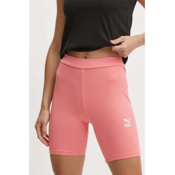 Puma pantaloni scurti femei, culoarea roz, cu imprimeu, high waist, 624267