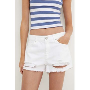Sixth June pantaloni scurti jeans femei, culoarea alb, neted, high waist