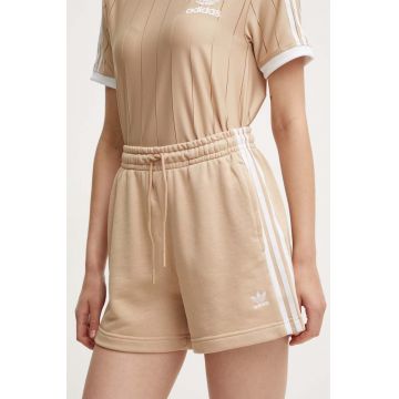 adidas Originals pantaloni scurti femei, culoarea bej, cu imprimeu, high waist, IY2159