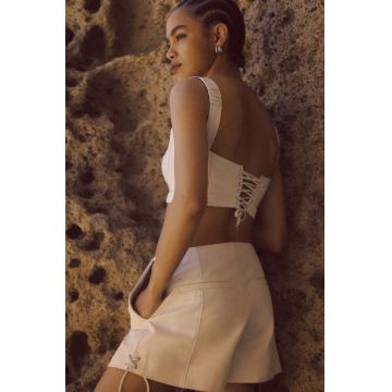 Answear Lab pantaloni scurti de piele femei, culoarea alb, neted, high waist