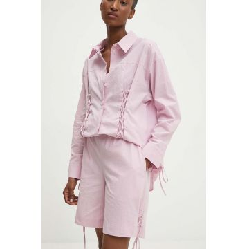 Answear Lab pantaloni scurti din bumbac culoarea roz, neted, high waist