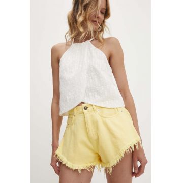 Answear Lab pantaloni scurti jeans femei, culoarea galben, neted, high waist