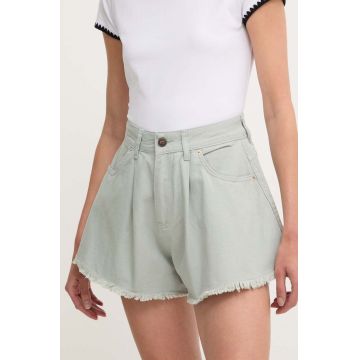 Answear Lab pantaloni scurti jeans femei, culoarea turcoaz, neted, high waist