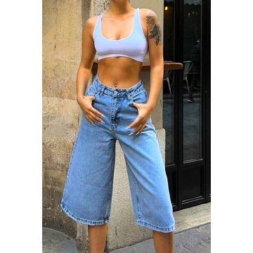 Blugi scurti Conan, croiala mom baggy cu talie inalta, Albastru deschis