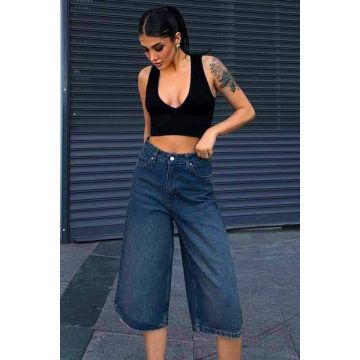 Blugi scurti Conan, croiala mom baggy cu talie inalta, Albastru inchis