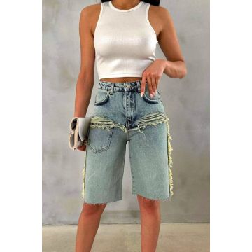 Blugi scurti MeraBEL, croiala mom slimfit cu franjuri, Verde denim