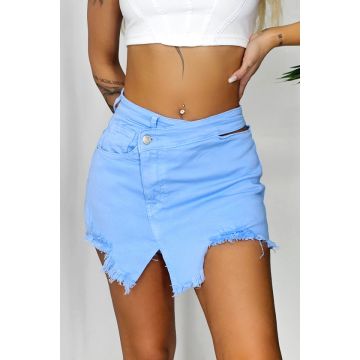 Fusta pantaloni scurti de blugi Nirvana, cu decupaje si croiala asimetrica, Albastru deschis
