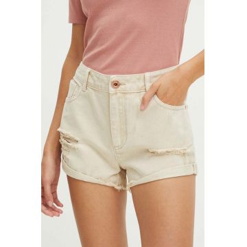 Medicine pantaloni scurti jeans femei, culoarea bej, neted, high waist