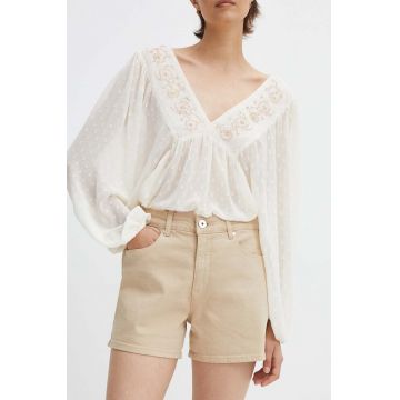 Medicine pantaloni scurti jeans femei, culoarea bej, neted, high waist Medicine pantaloni scurti jeans femei, culoarea bej, neted, high waist