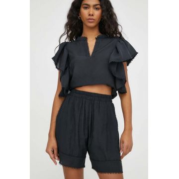 MUNTHE pantaloni scurti femei, culoarea negru, neted, high waist
